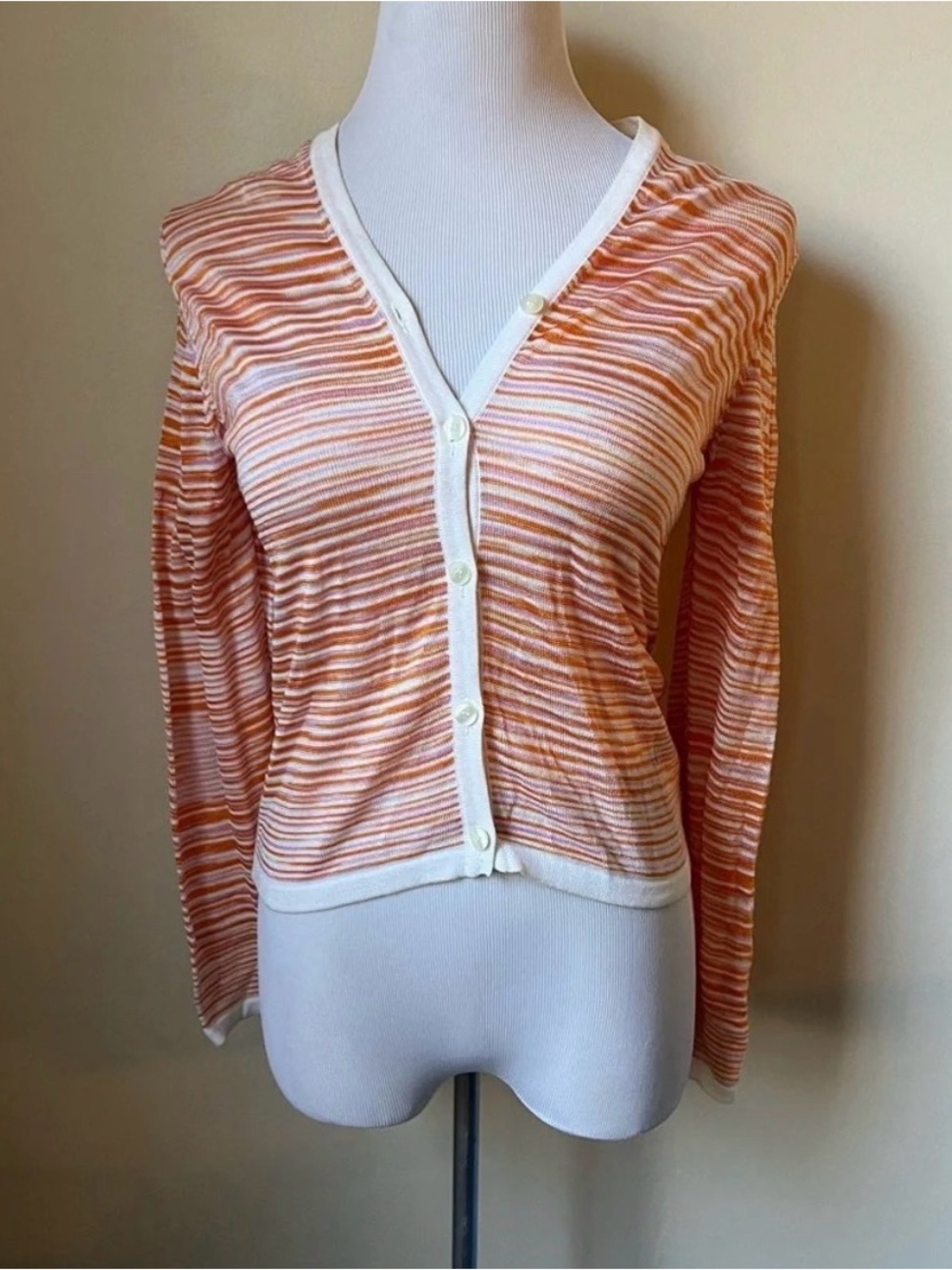 Missoni Orange, Pink, and White Striped V-Neck Button Cardigan